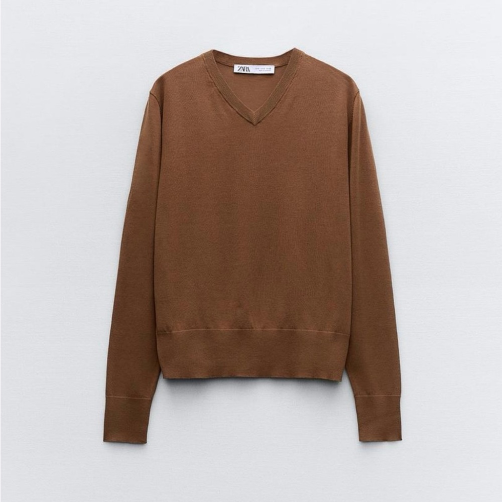 Zara Brown Fine Knit v-neck Long Sleeve